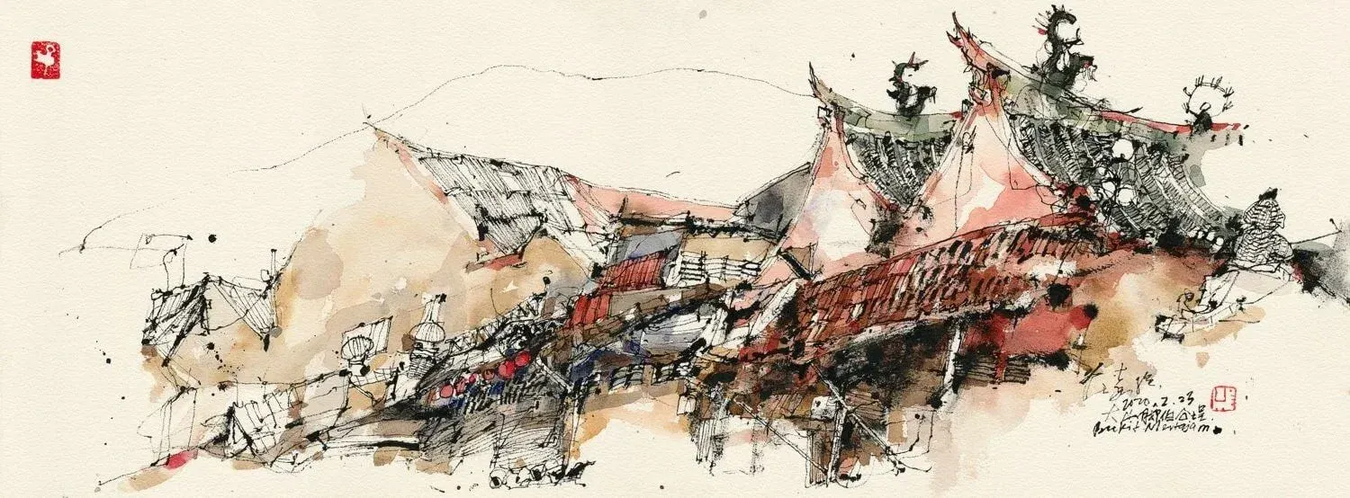 Bukit Mertajam Tua Pek Kong Temple in Penang (2020) by Ch'ng Kiah Kiean. Chinese ink and watercolour