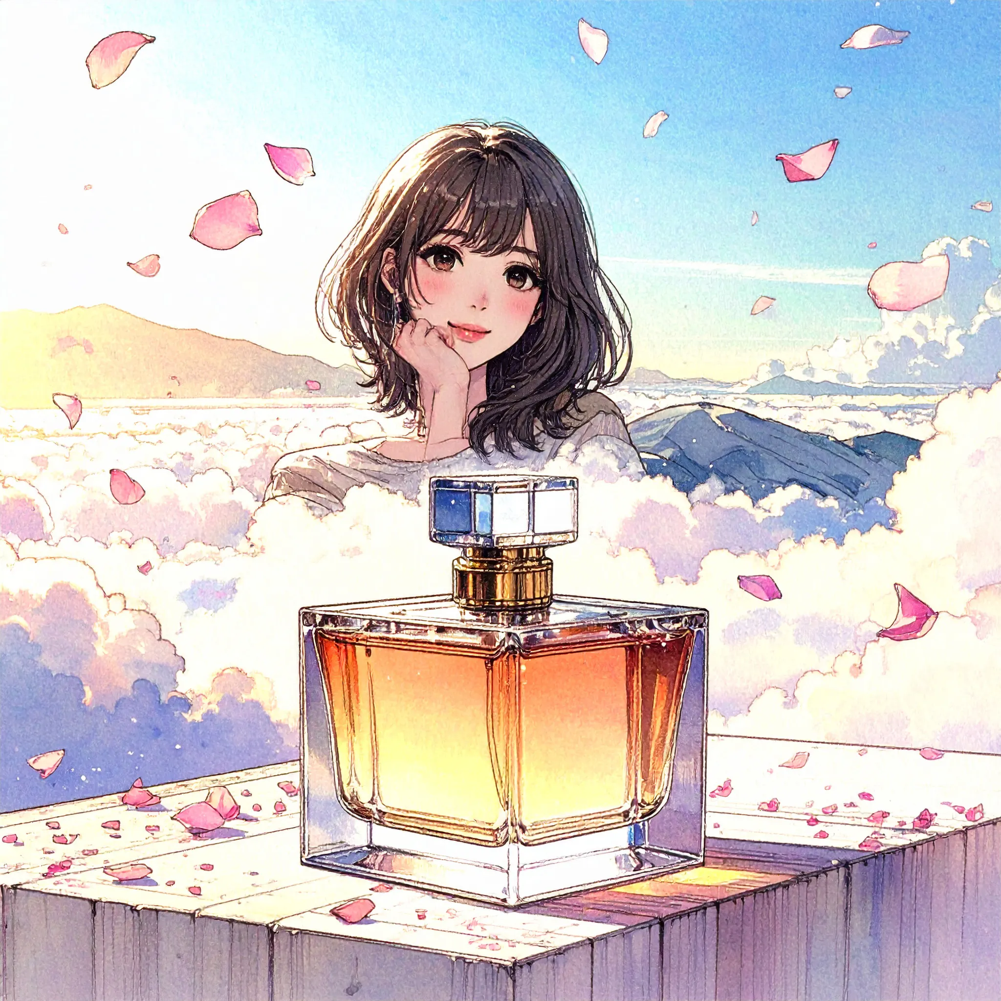 구름 위에 향수 한 병을 가진 소녀