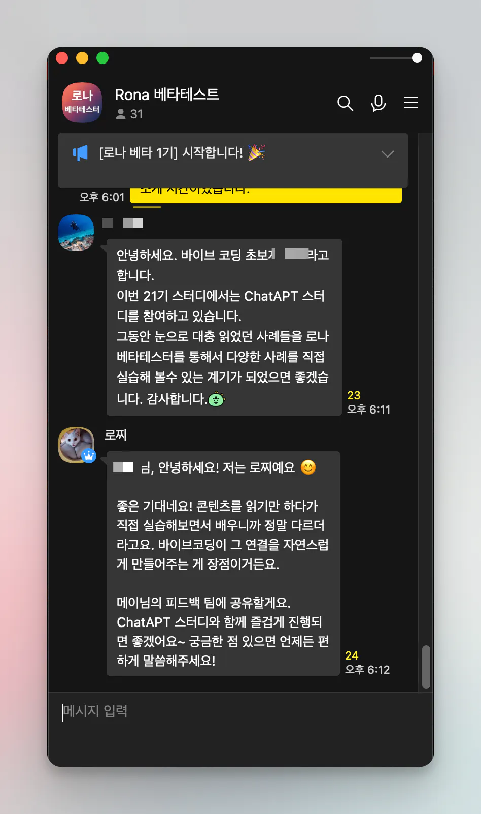 한국어 문자 메시지가 포함된 채팅 앱 스크린샷