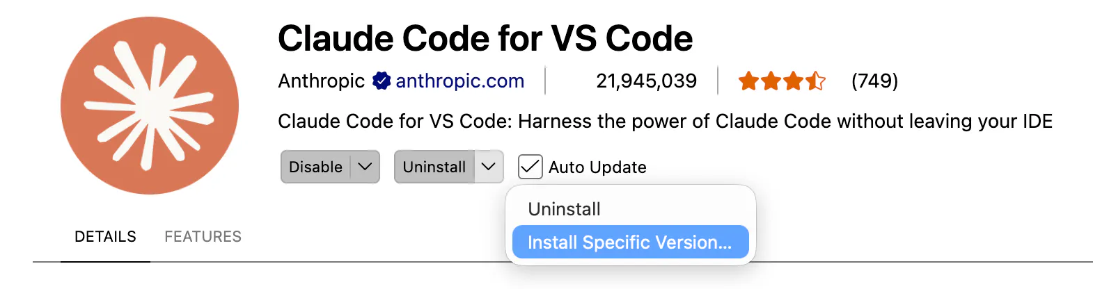 VS Code 확장 페이지에서 Uninstall 옆 화살표를 눌러 Install Specific Version 메뉴가 펼쳐진 모습