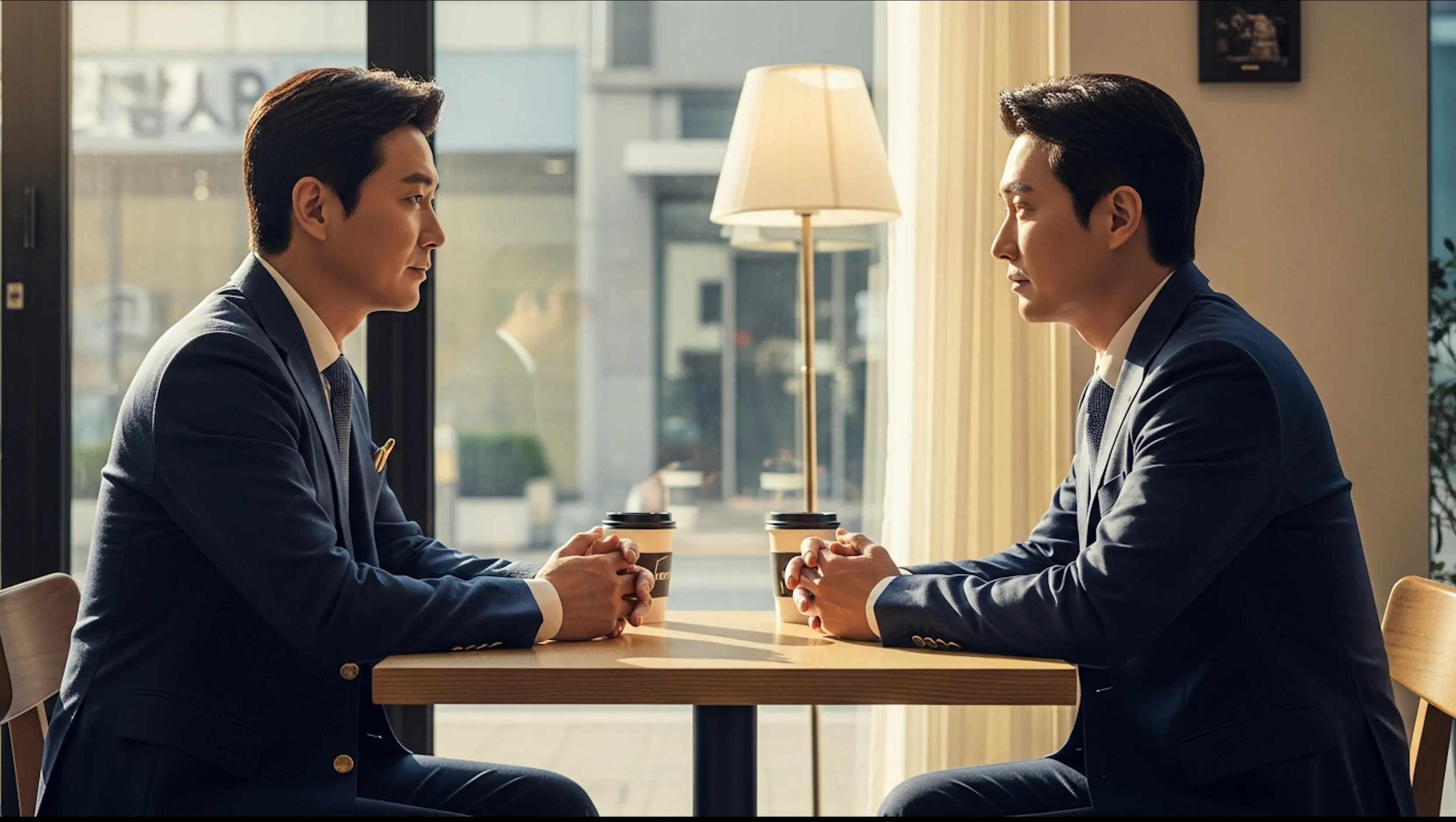 두 명의 아시아 사업가가 테이블에 앉아 있다