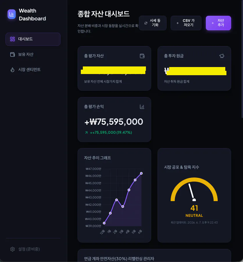 한국어 숫자가 표시된 대시보드가 ​​표시된 검은색 화면