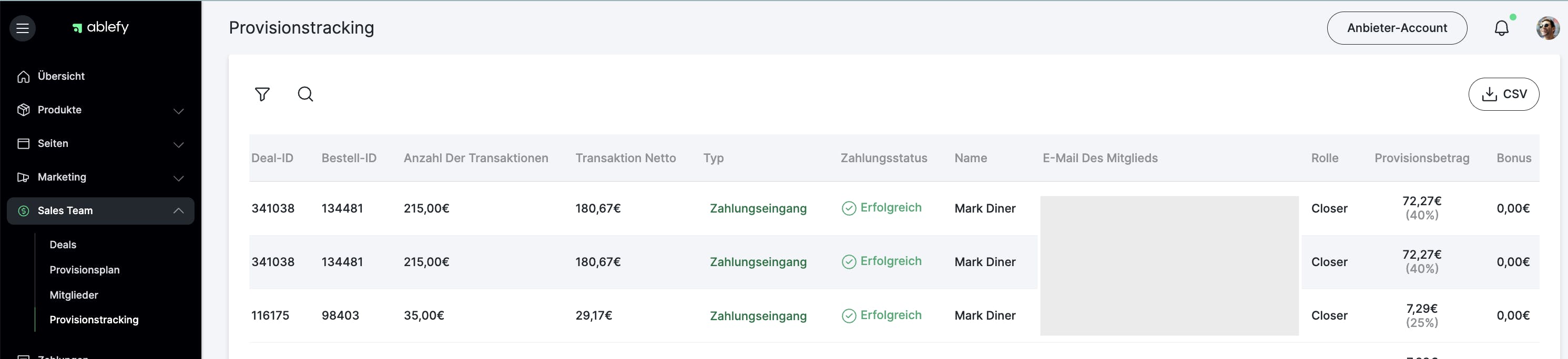 Darstellung der Provisionen