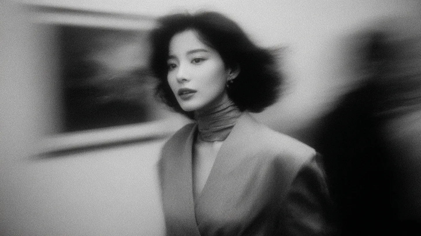 양복을 입은 여자의 흑백 사진