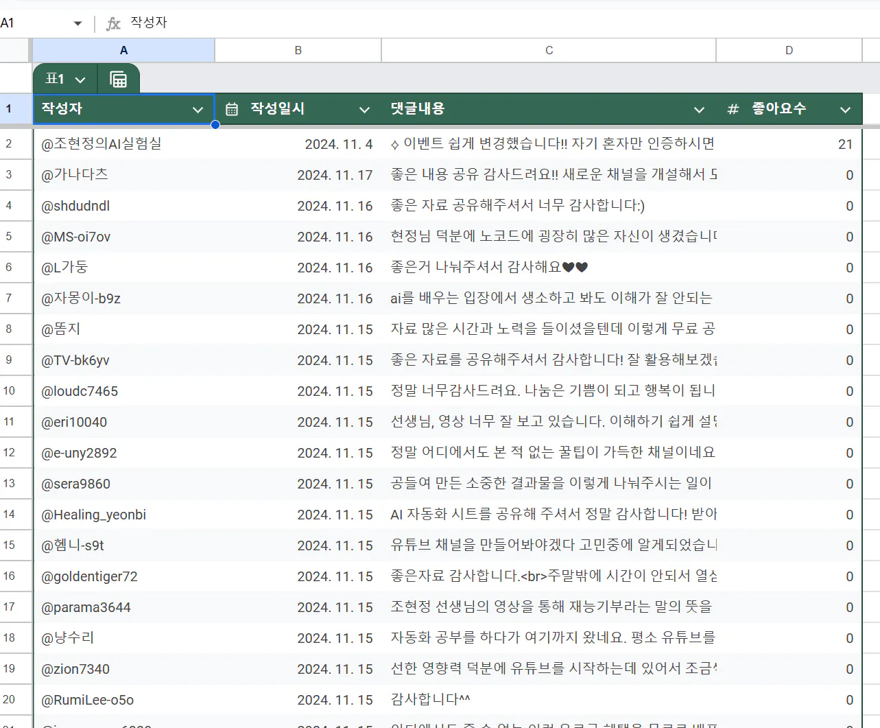 컴퓨터 화면에 표시된 한국어 단어 목록