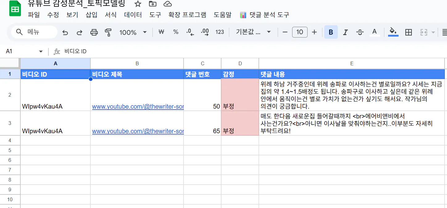 한국어 텍스트가 장착 된 Google 스프레드 시트