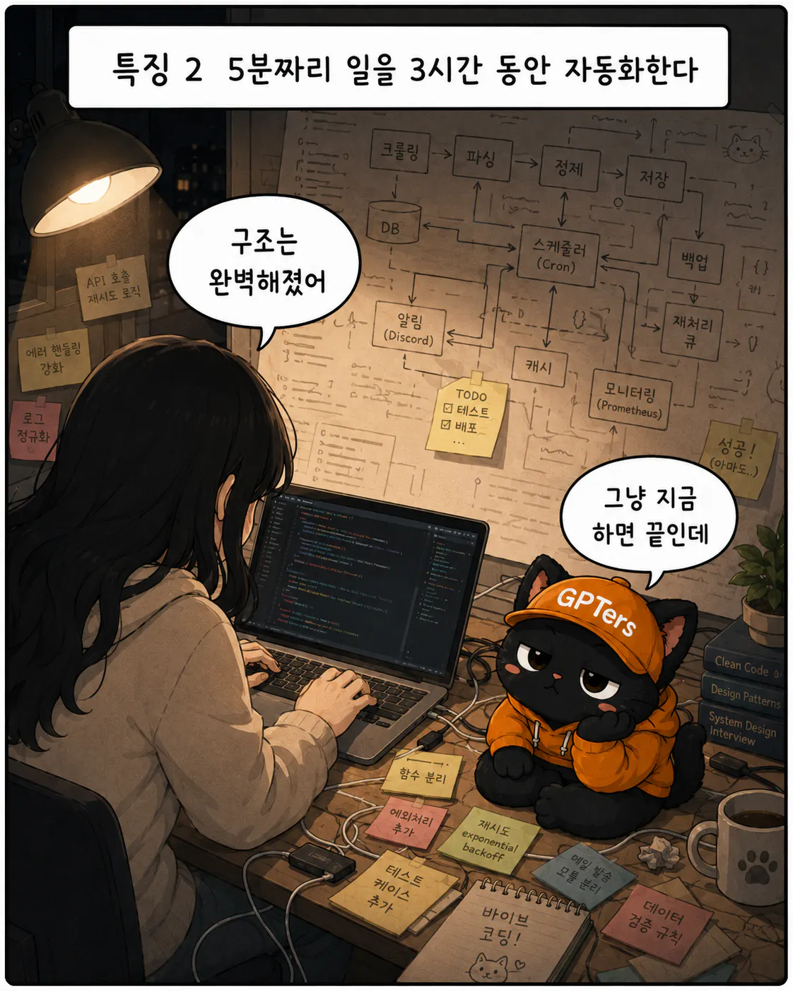 노트북을 들고 책상에 앉아 있는 고양이 만화