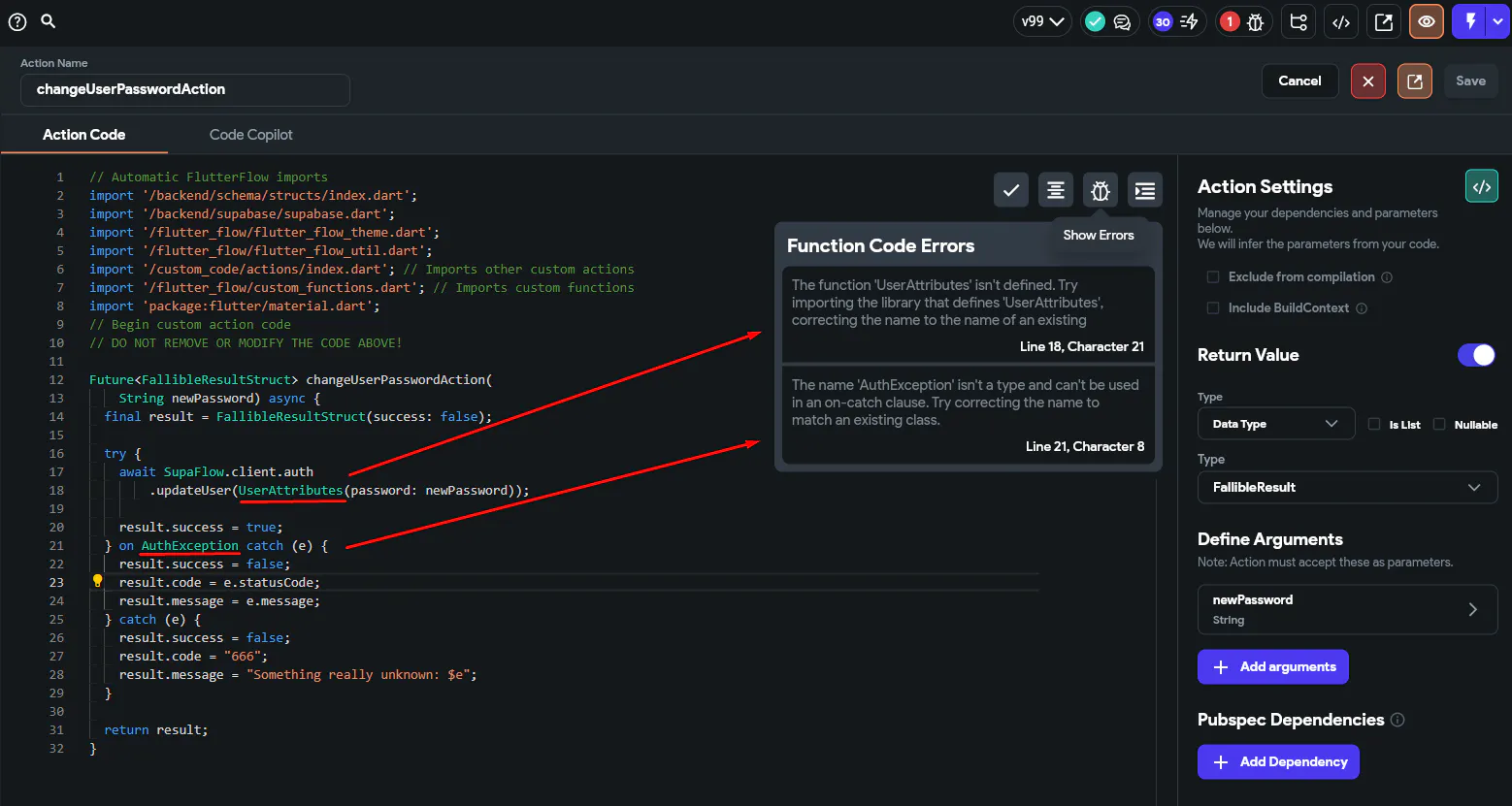 Custom action stops to compile