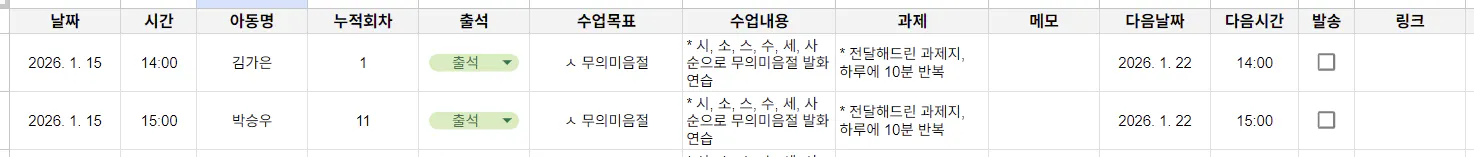 다양한 유형의 데이터를 보여주는 Google 스프레드시트의 스크린샷