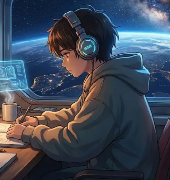 헤드폰과 노트북을 들고 책상에 앉아 있는 소년