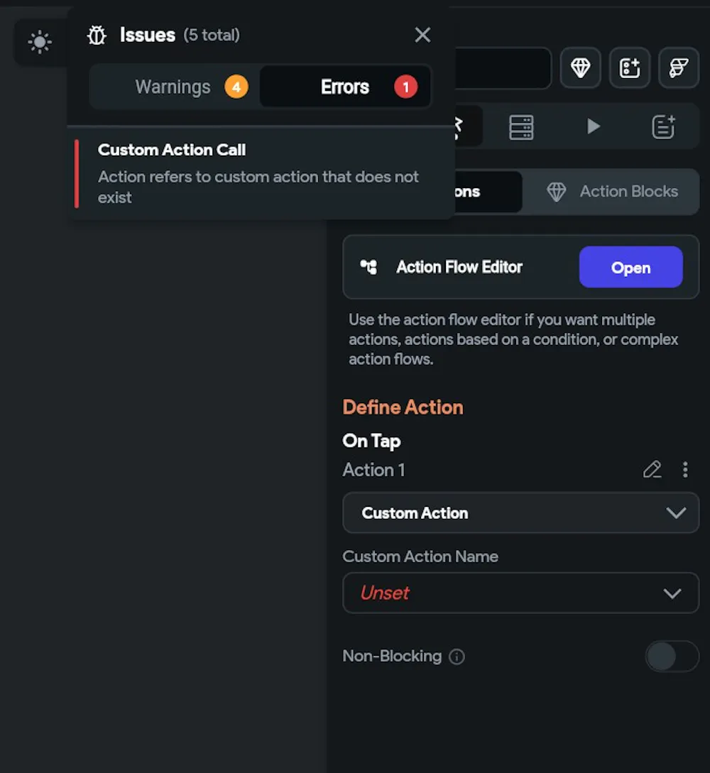 Action refers to custom action that does not exist