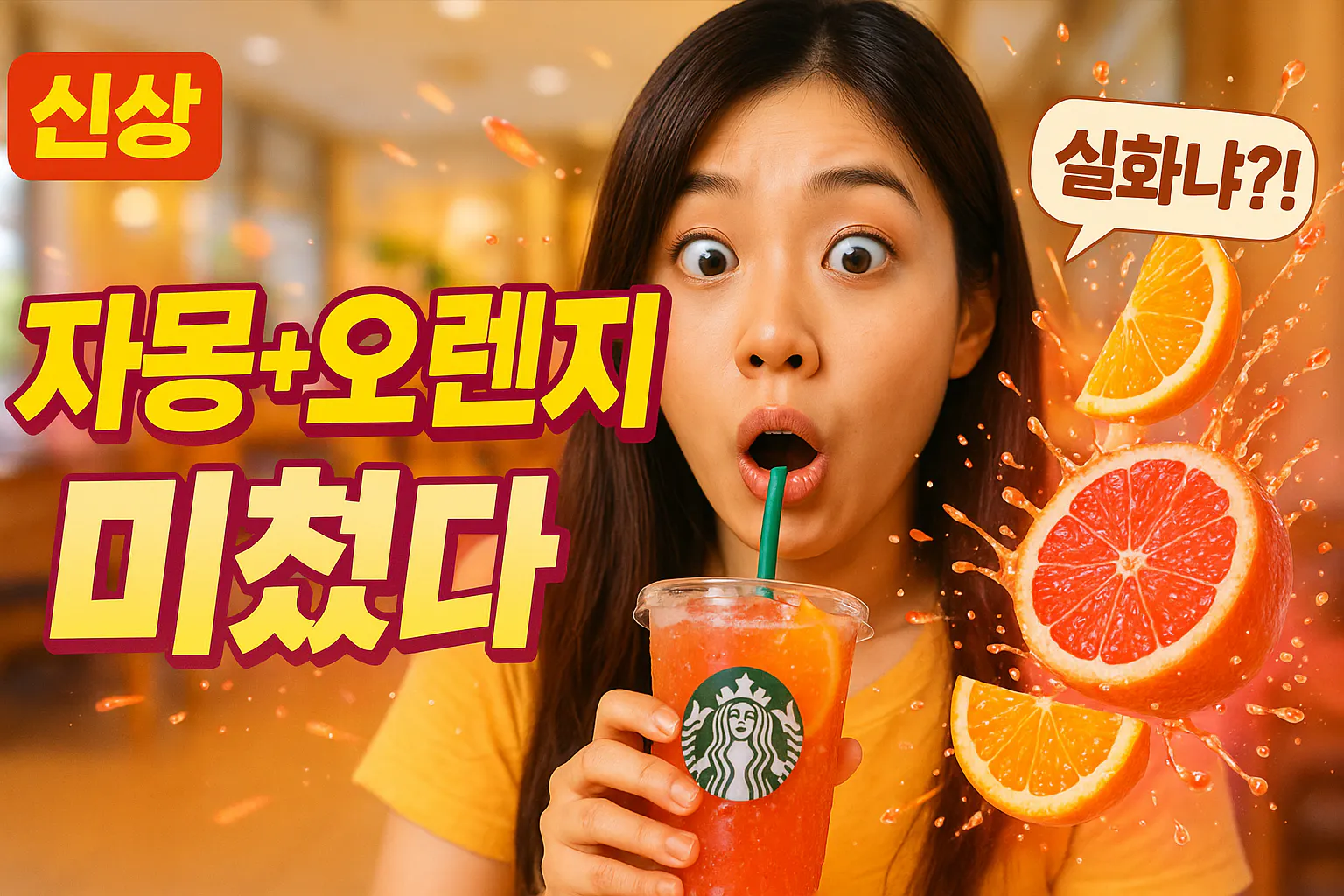 여자가 스타 벅스 컵에서 오렌지 주스를 마시고 있습니다.