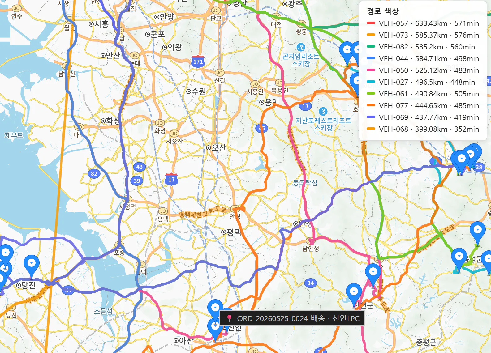 다양한 위치가 있는 한국 지도