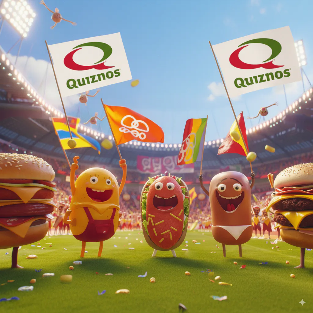 경기장에서 깃발을 들고있는 핫도그와 햄버거 그룹