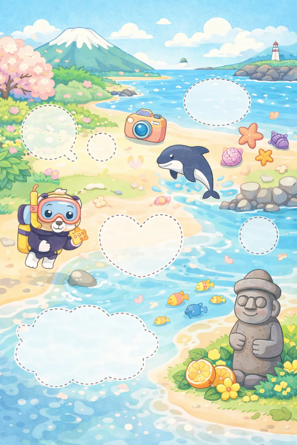 많은 동물이 있는 해변 장면 사진