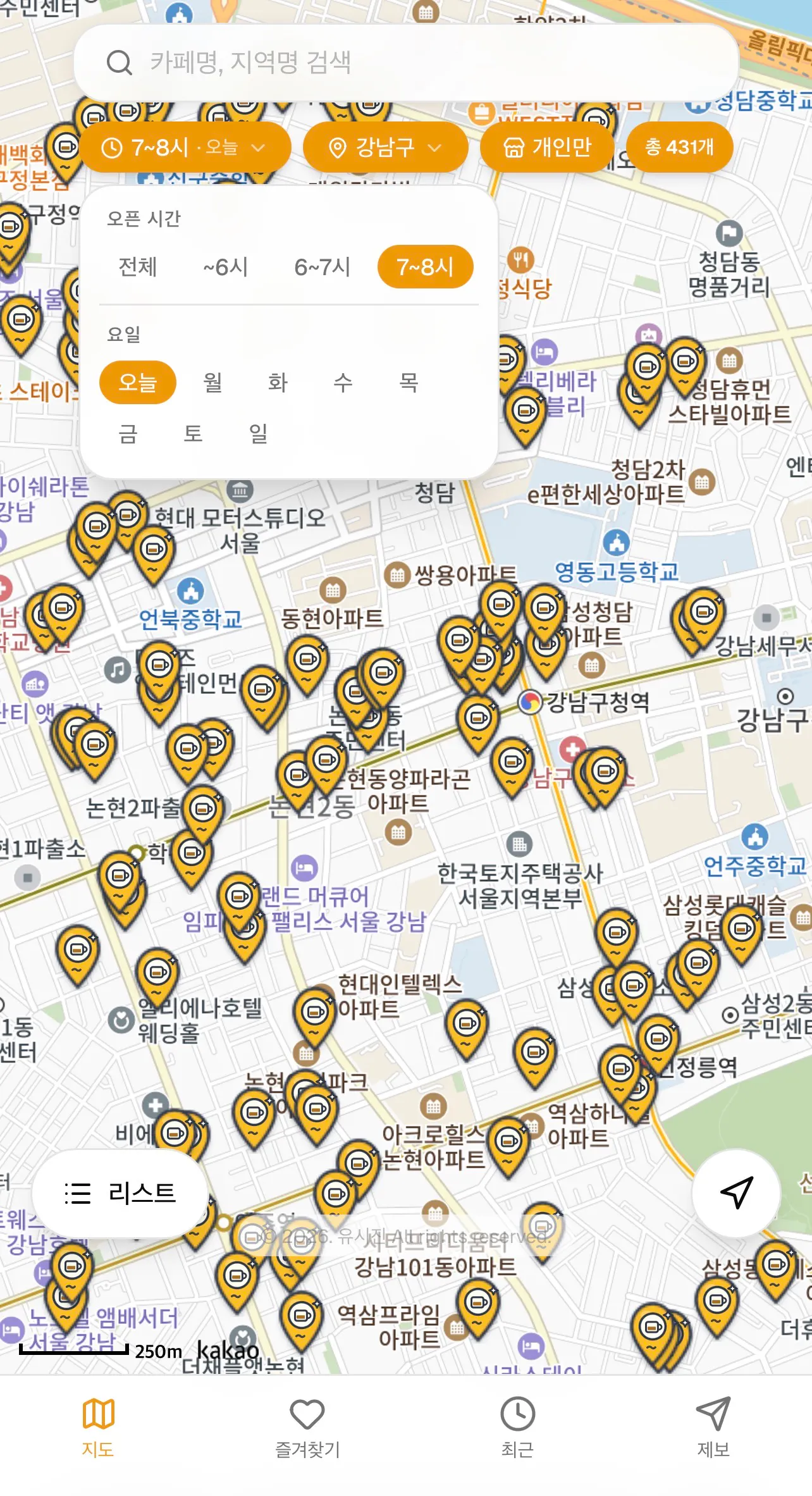 노란 점이 많은 한국 지도