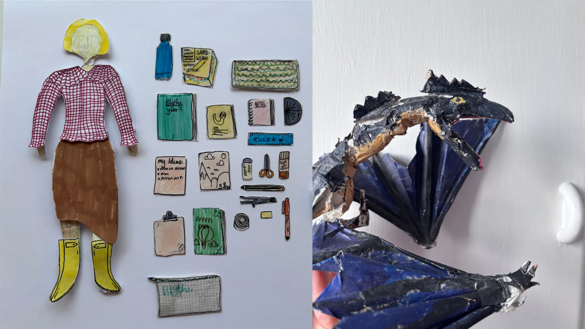 A flat paper figure and the contents of their bag (craft materials) also made of paper. And a separate photo of a blue and black dragon model, also made from paper.