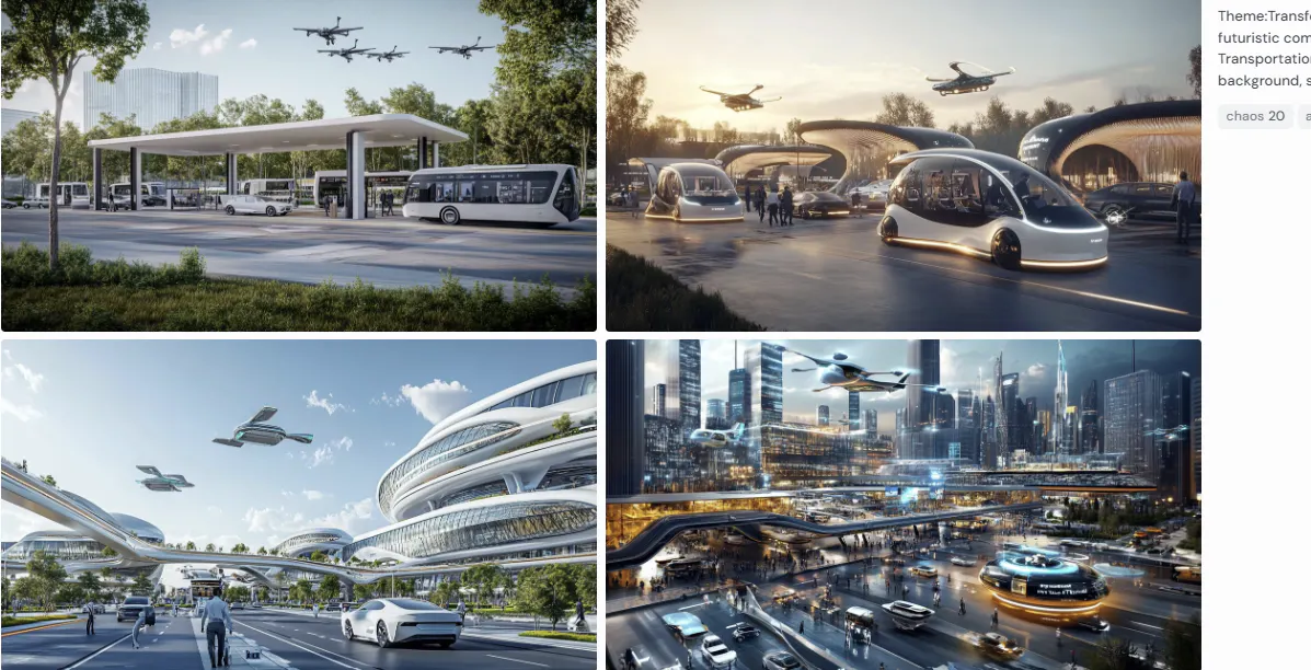 미래의 자동차와 건물을 그린 일련의 사진