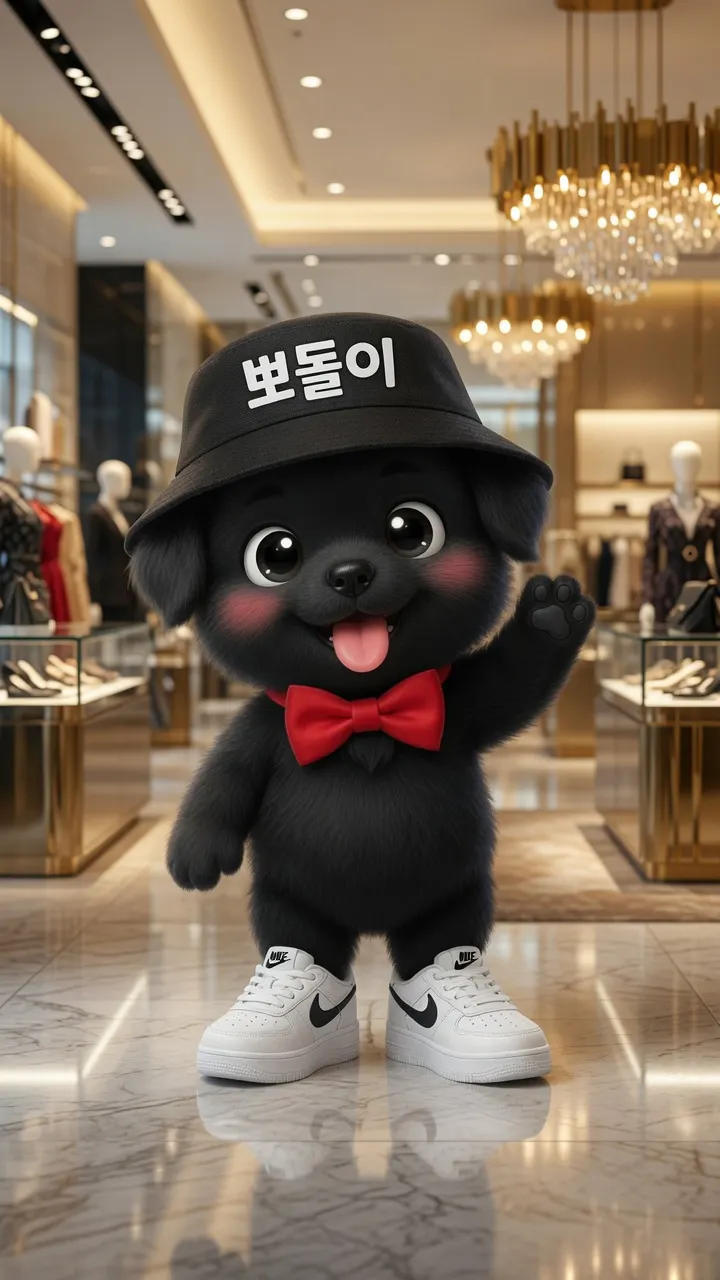 가게에 모자와 나비넥타이를 매고 있는 검은 개