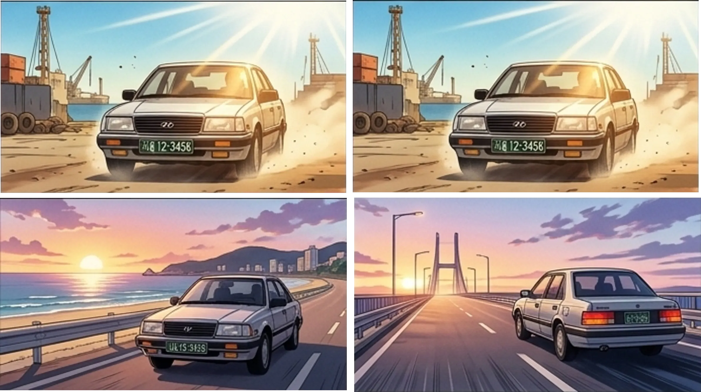 도로를 운전하는 자동차 사진 4장