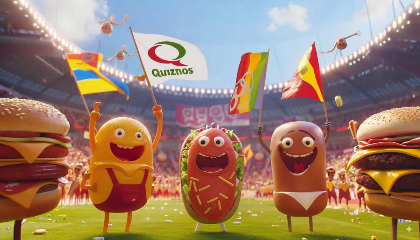 경기장에 깃발을 들고있는 핫도그 그룹