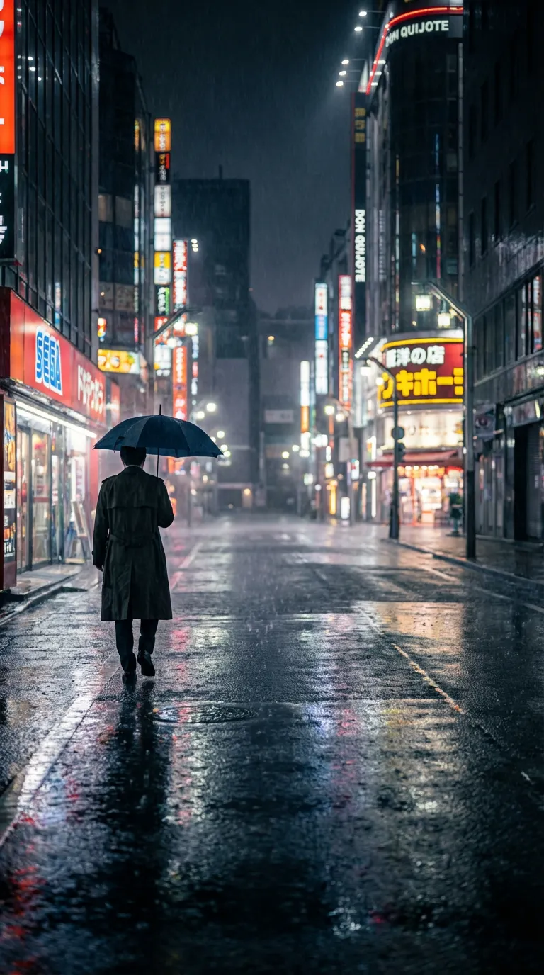 밤에 우산을 들고 도시 거리를 걷고 있는 남자