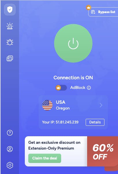 화면에 연결된 VPN 서비스의 스크린 샷