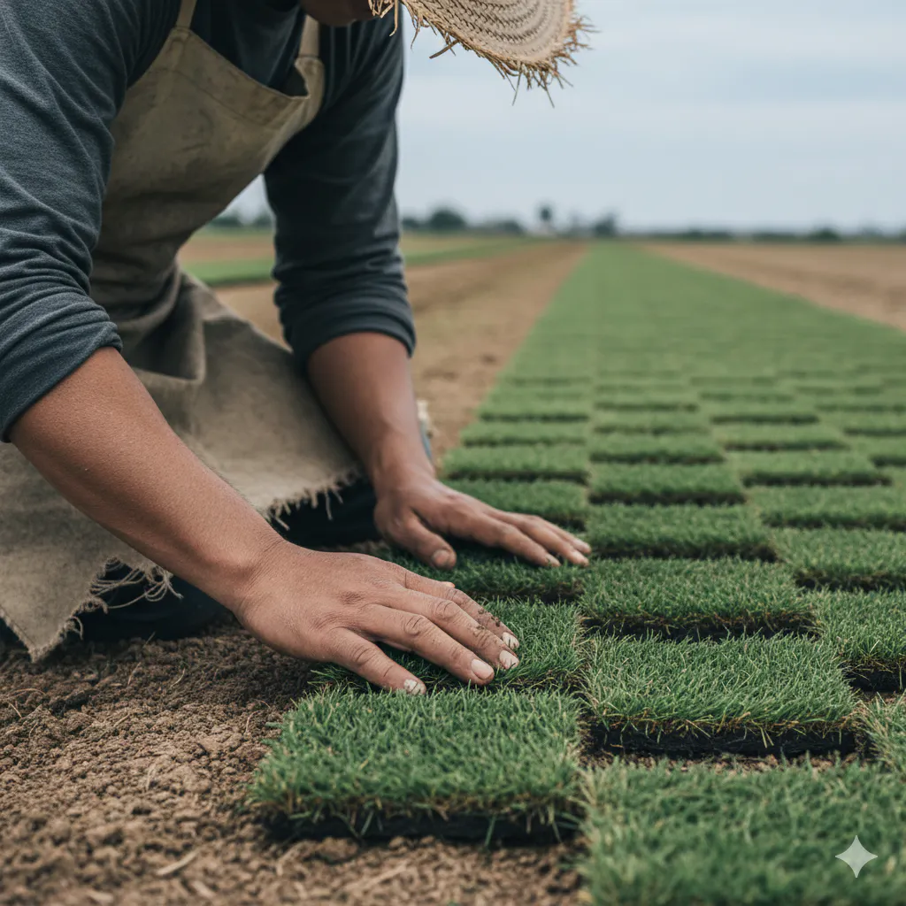 밀짚모자를 쓴 남자가 들판에 풀을 심고 있다