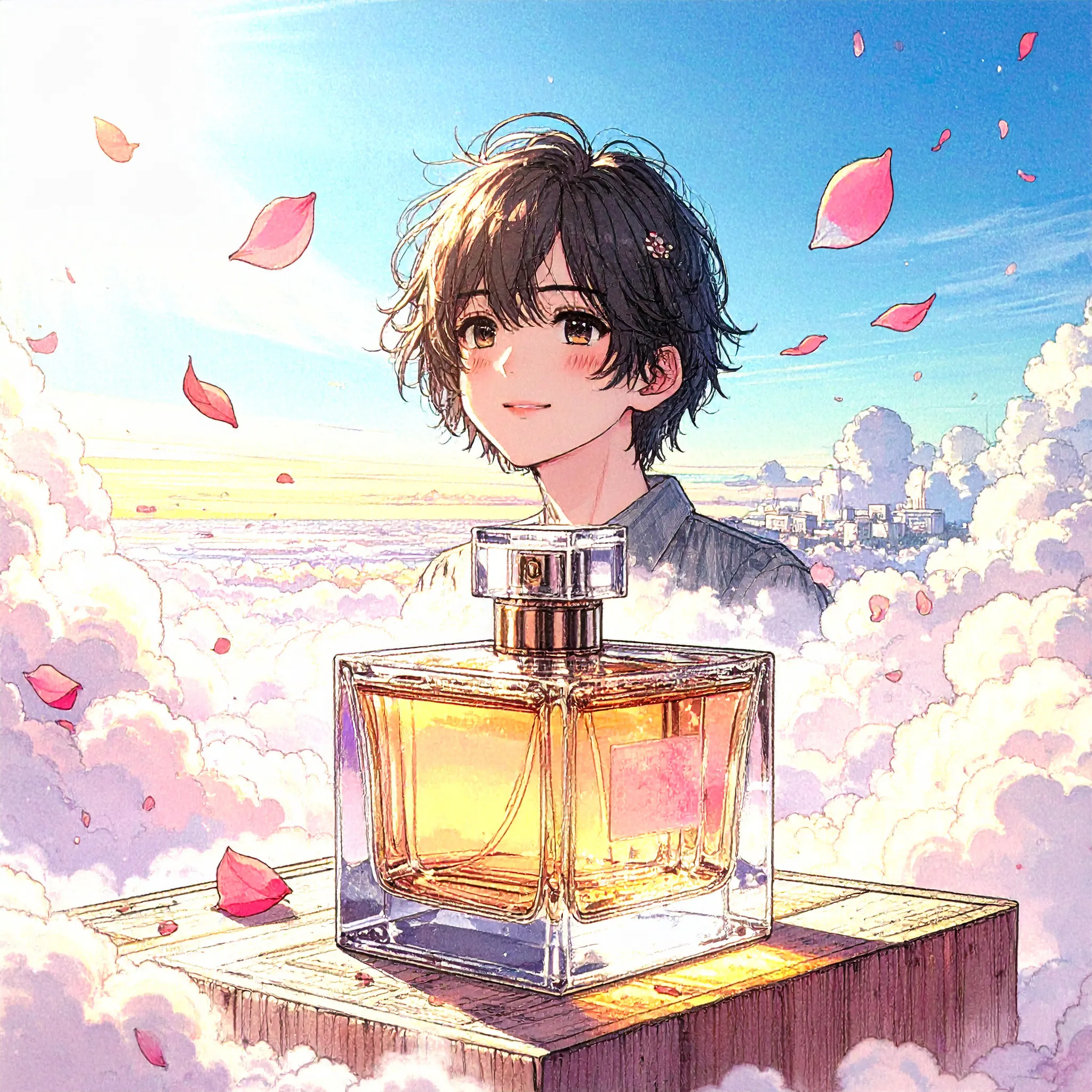 향수 병 앞에 서있는 애니메이션 소녀