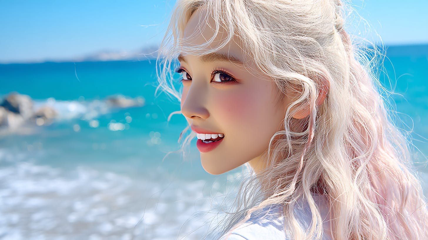 긴 금발 머리를 가진 소녀가 바다에서 웃고 있습니다.