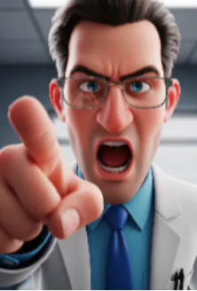 카메라를 향해 손가락을 가리키는 만화 의사