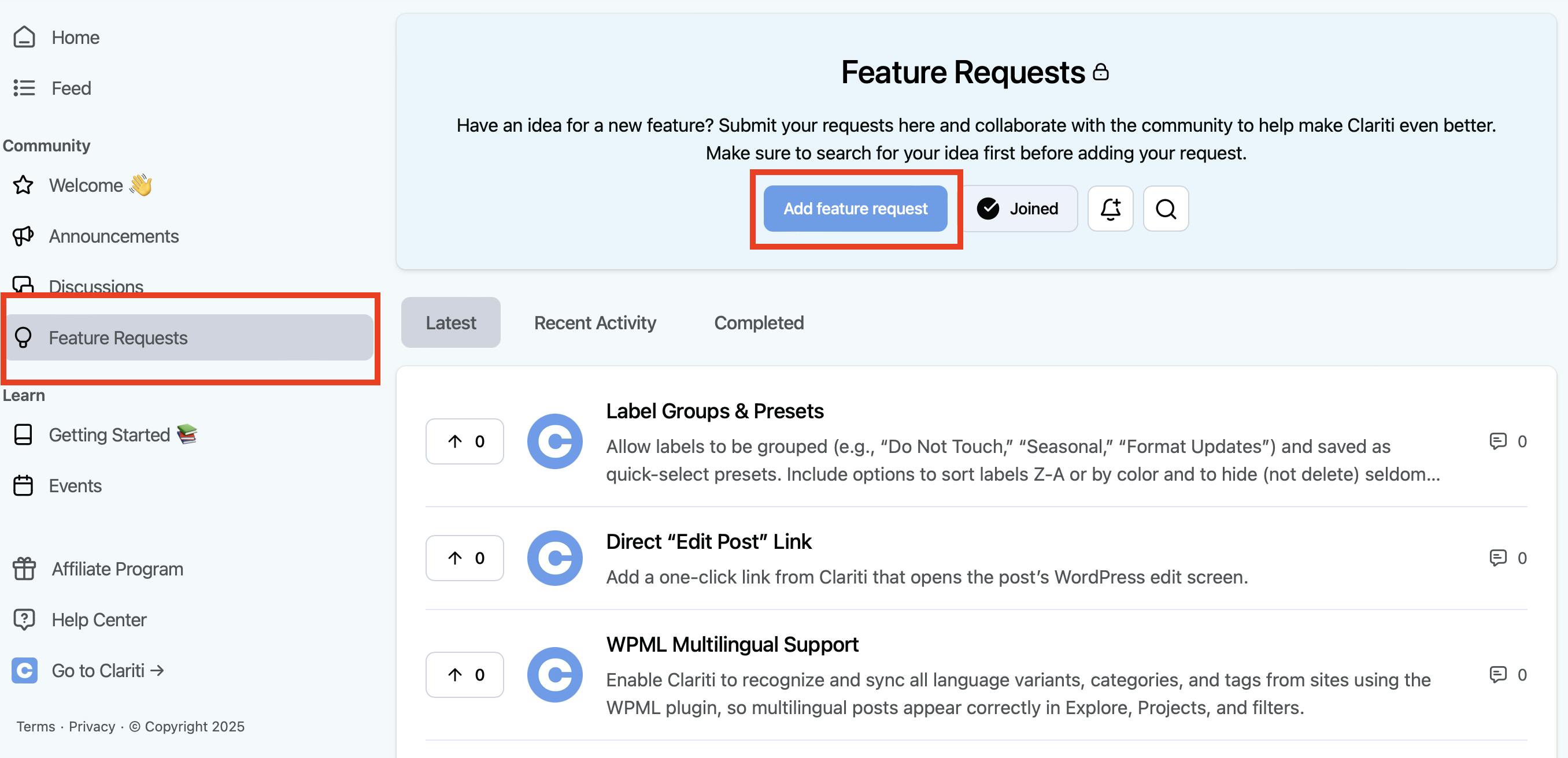 How to add a feature request in the Clariti community hub