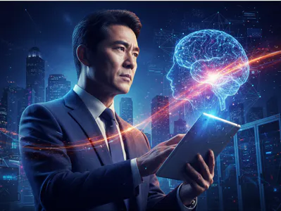 정장을 입은 남자가 뇌가 달린 태블릿을 사용하고 있다