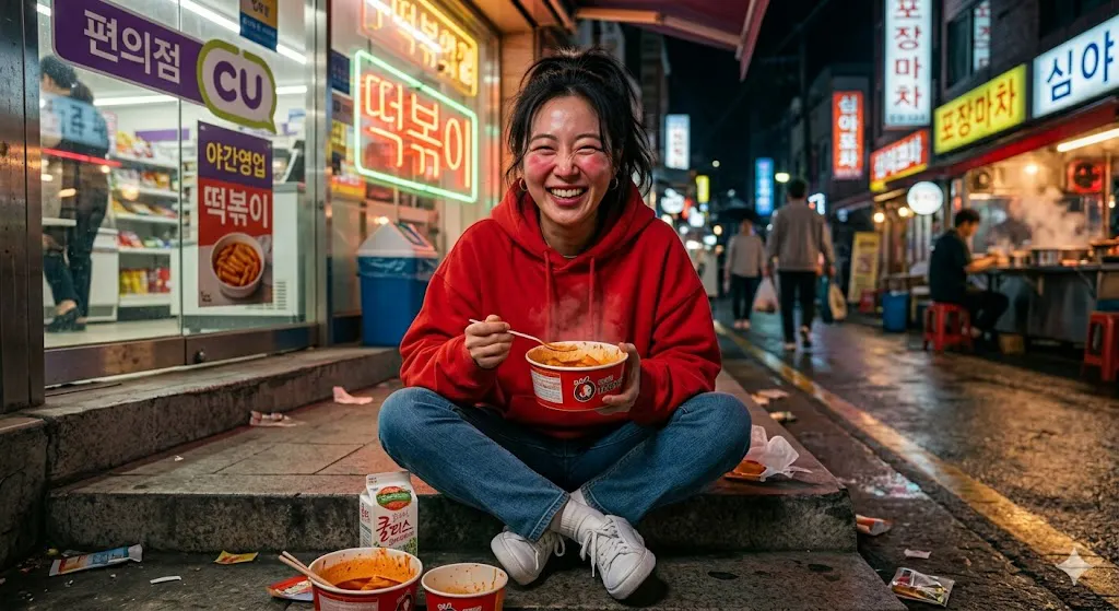 라면 한 그릇을 들고 거리에 앉아 있는 여자