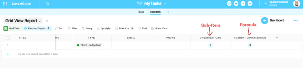Get the name of the first Item from the organizations list(of type sub ...