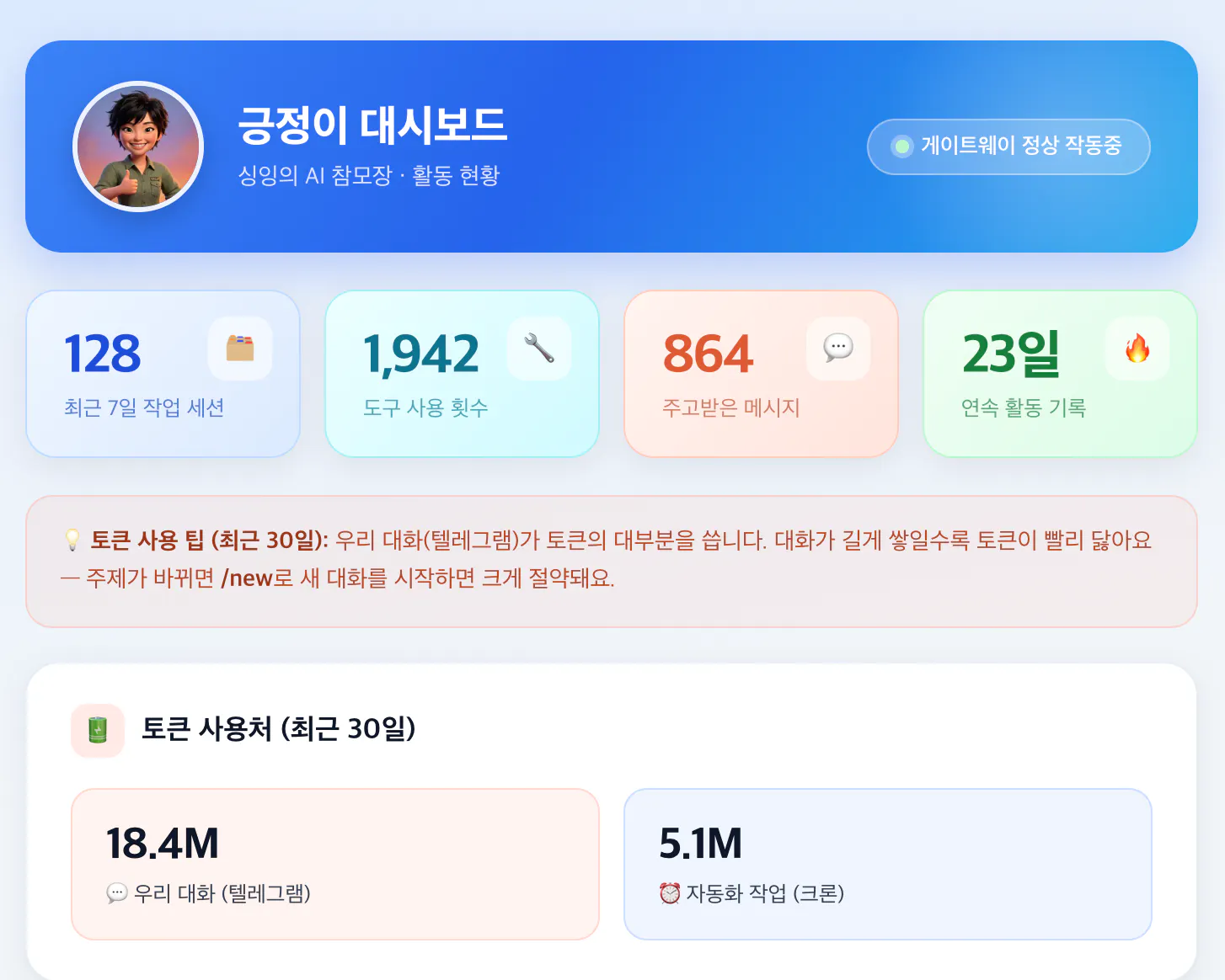 개인의 통계를 보여주는 한국 앱의 스크린샷