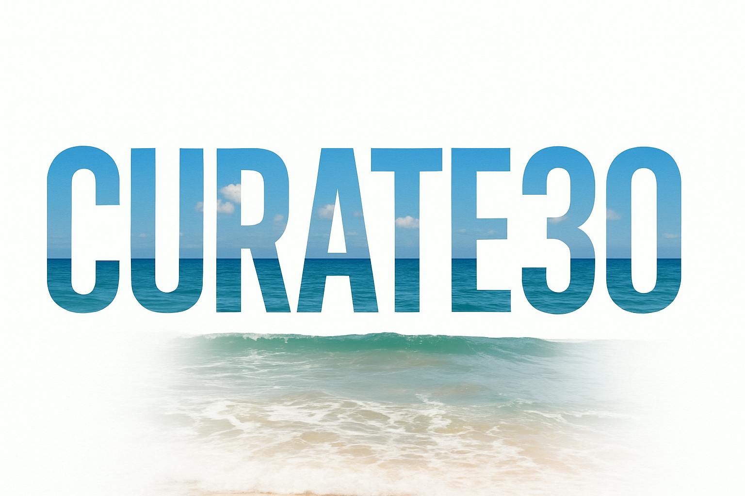 Currate 30- 큐레이터 30이라는 단어가있는 해변 장면