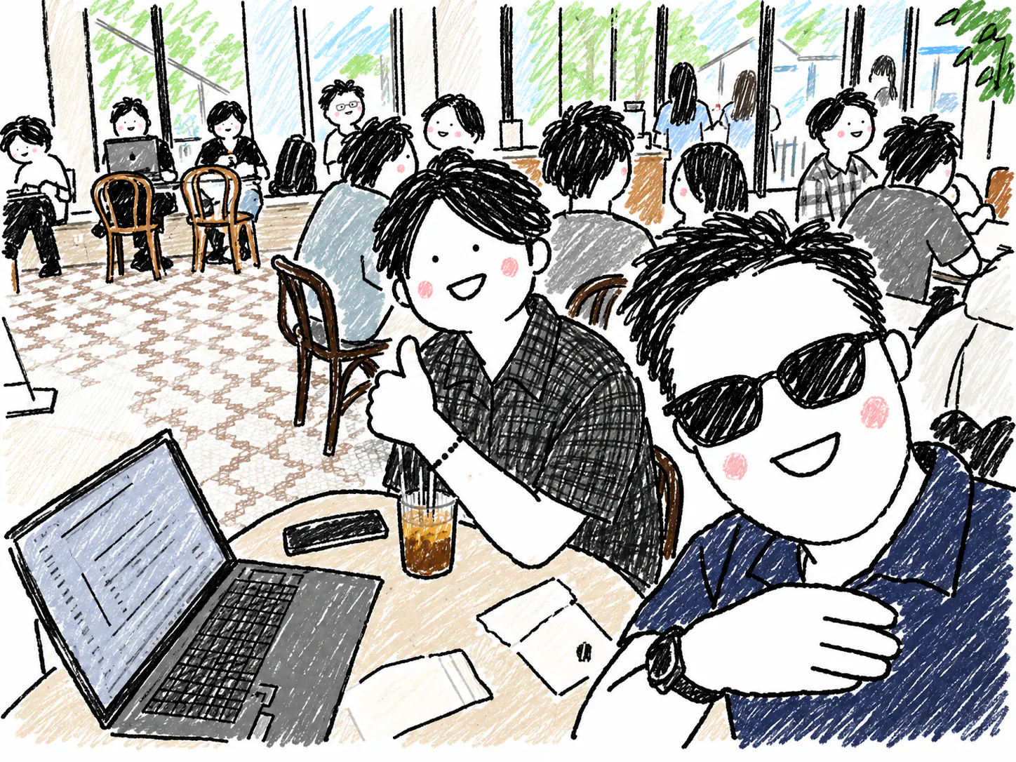 노트북을 들고 테이블에 앉아 있는 한 무리의 사람들의 그림