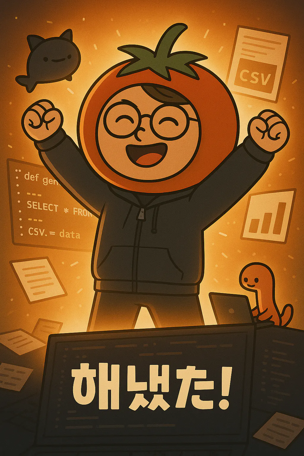 호박을 가진 남자의 만화와 그 위에 고양이