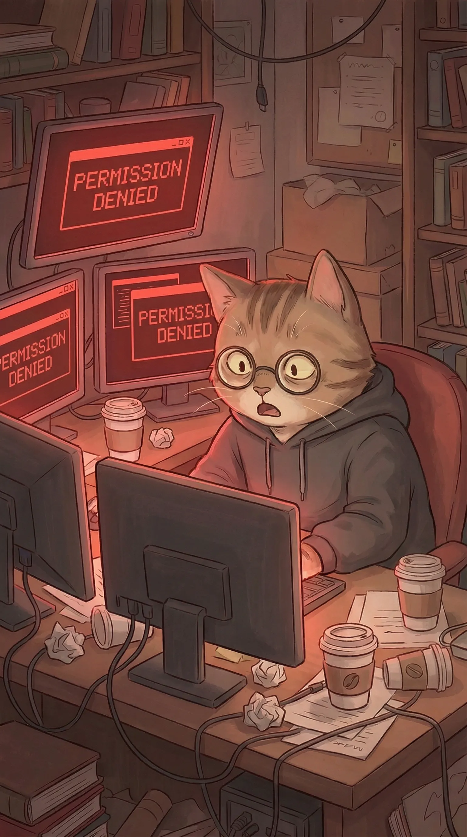 모니터 두 대가 있는 책상에 앉아 있는 고양이