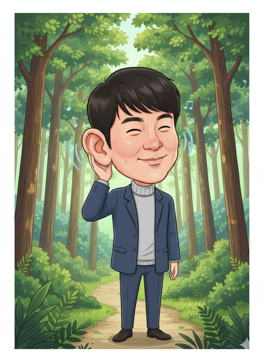 숲 속 아시아 남자의 만화 일러스트