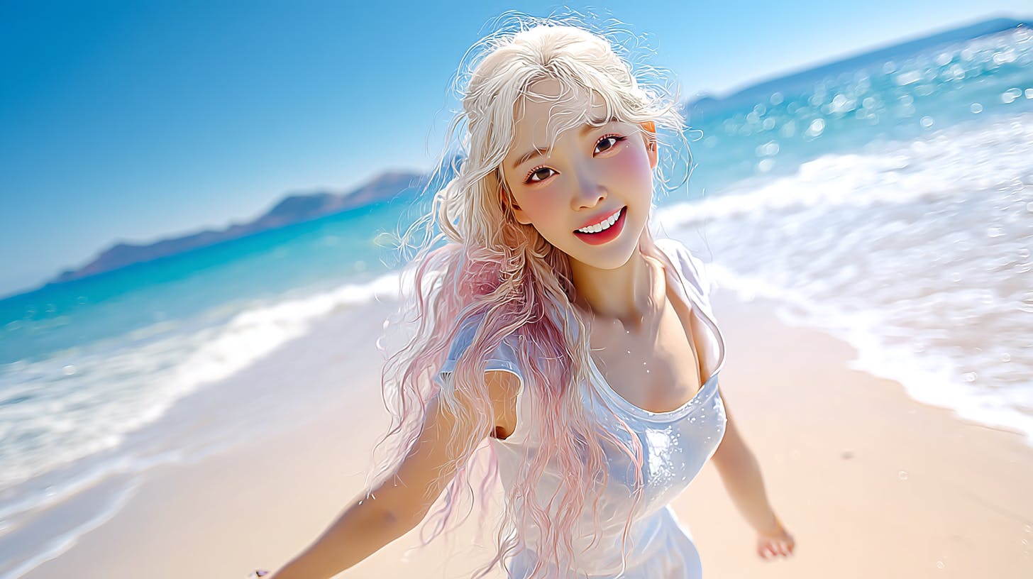 한 여자가 해변에 서 있습니다