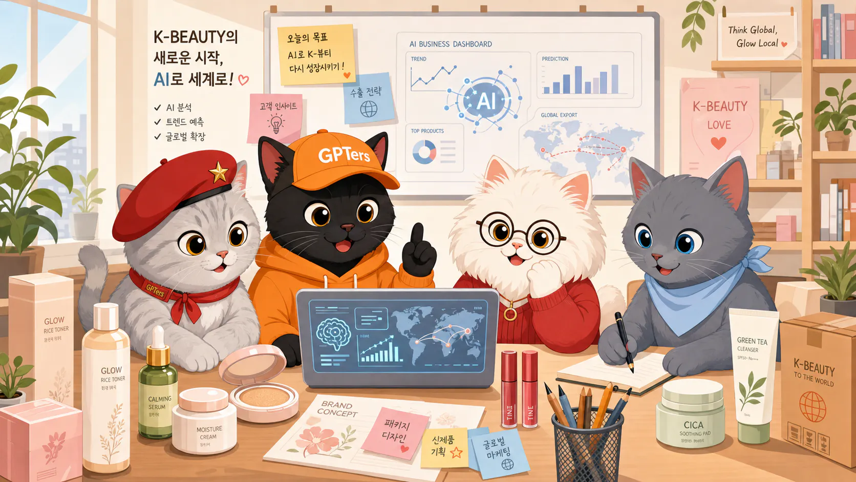 뽀피터스 4마리가 K뷰티 사업을 AI로 다시 일으키는 모습