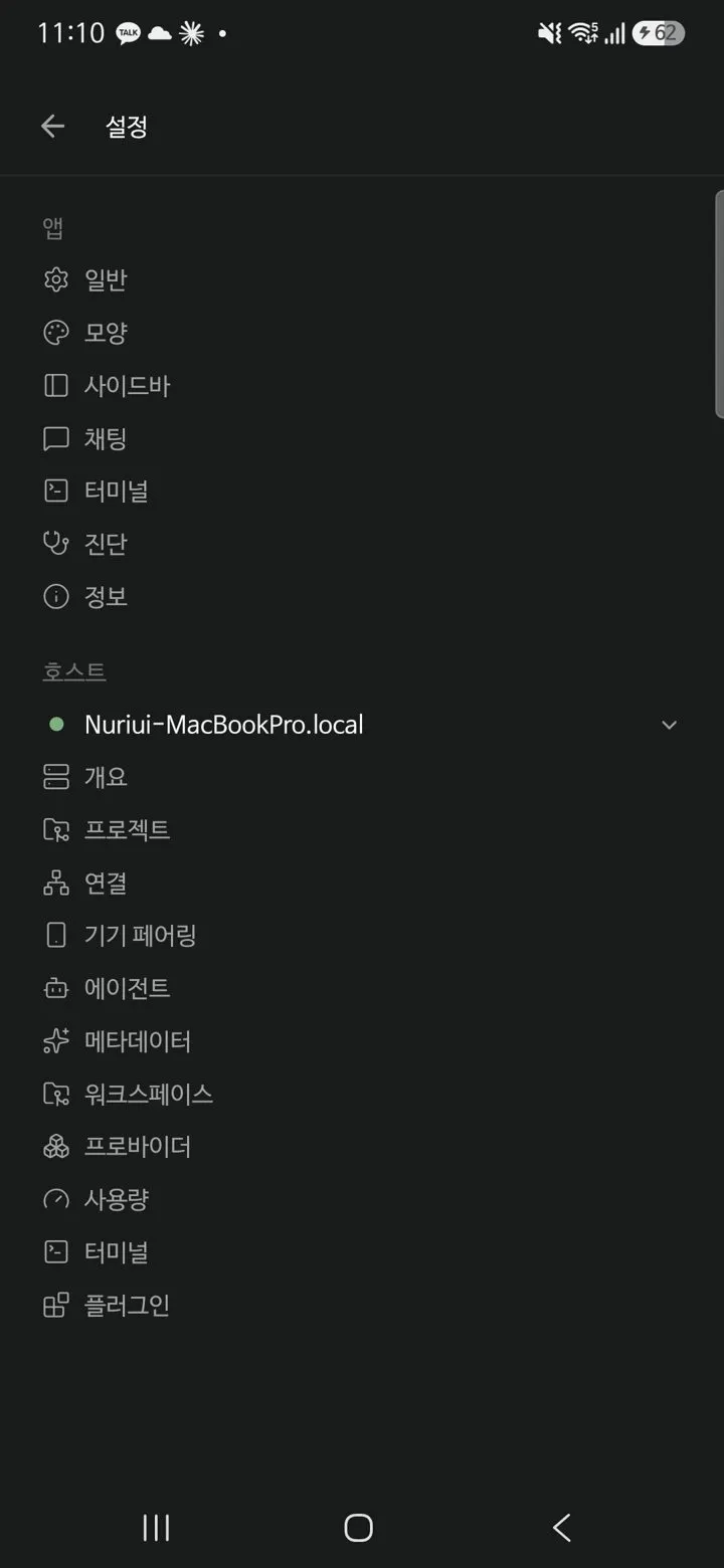 파세오 폰 앱 설정 화면의 호스트 칸에 맥이 초록 점으로 연결된 모습