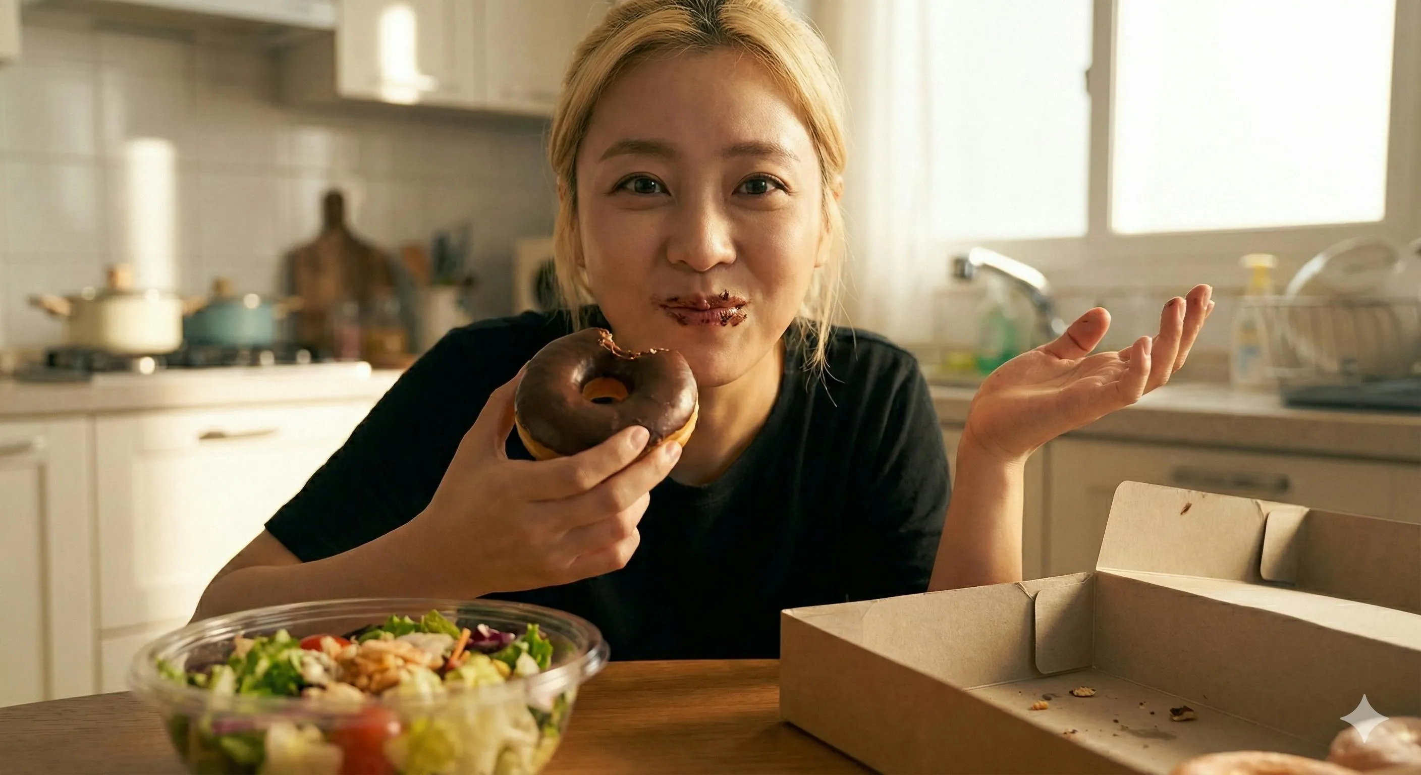 부엌에서 도넛과 샐러드를 먹는 여자