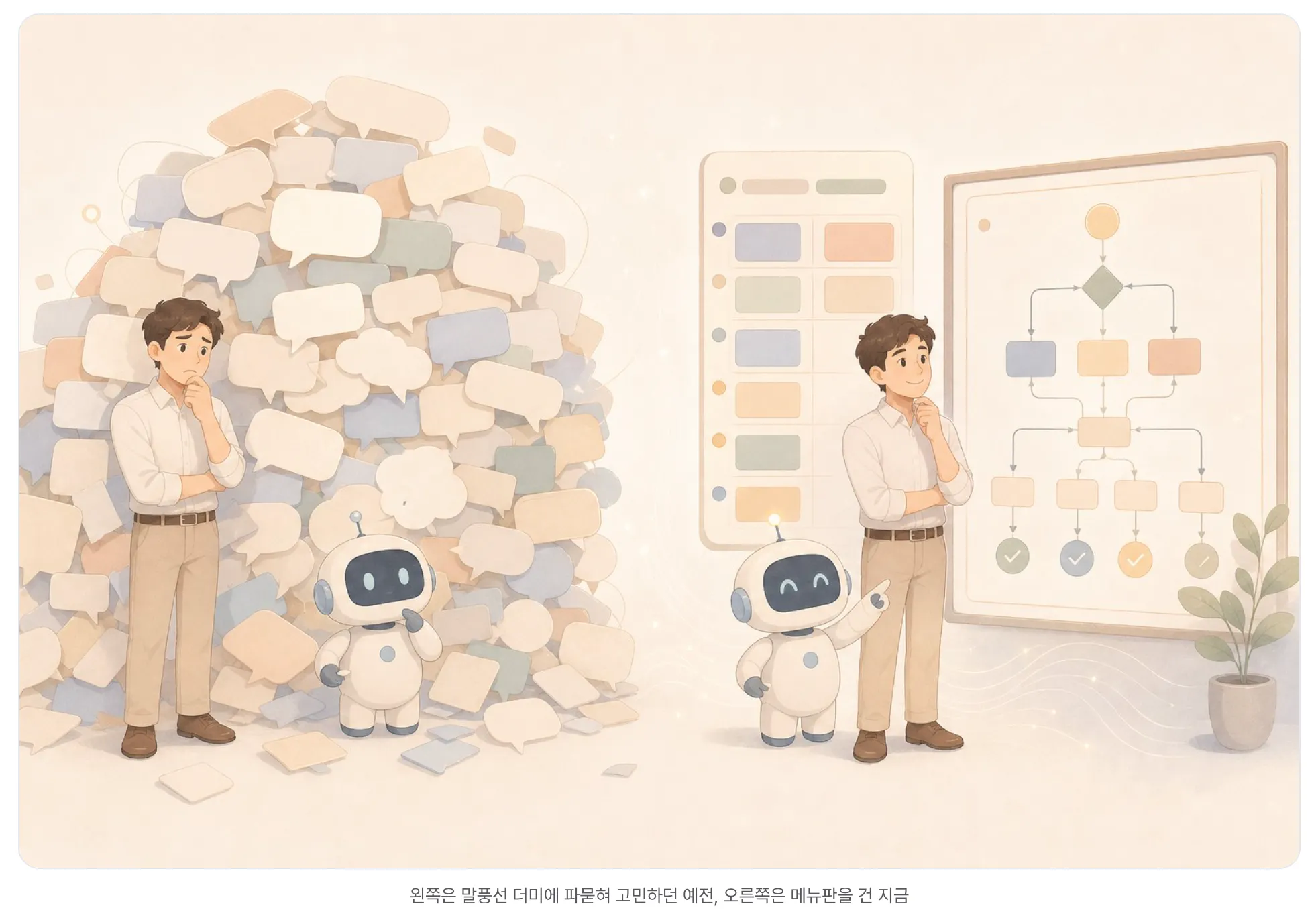 종이 더미 옆에 서있는 남자 와 로봇