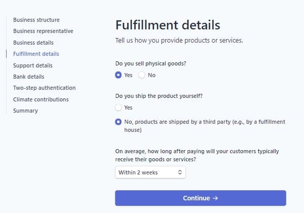 The page in Stripe account that requires the fulfillment details