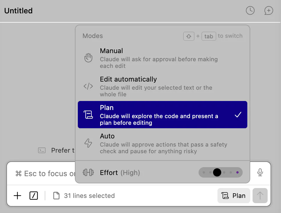 클로드 코드 패널의 Modes 메뉴 — Manual, Edit automatically, Plan, Auto 네 가지와 Effort 슬라이더