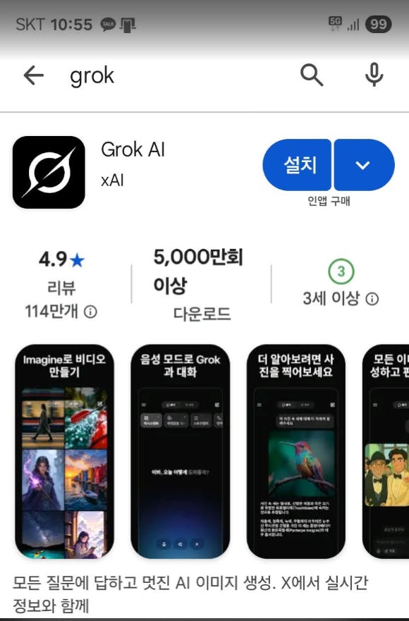 전화에 Grok AI 앱의 스크린 샷