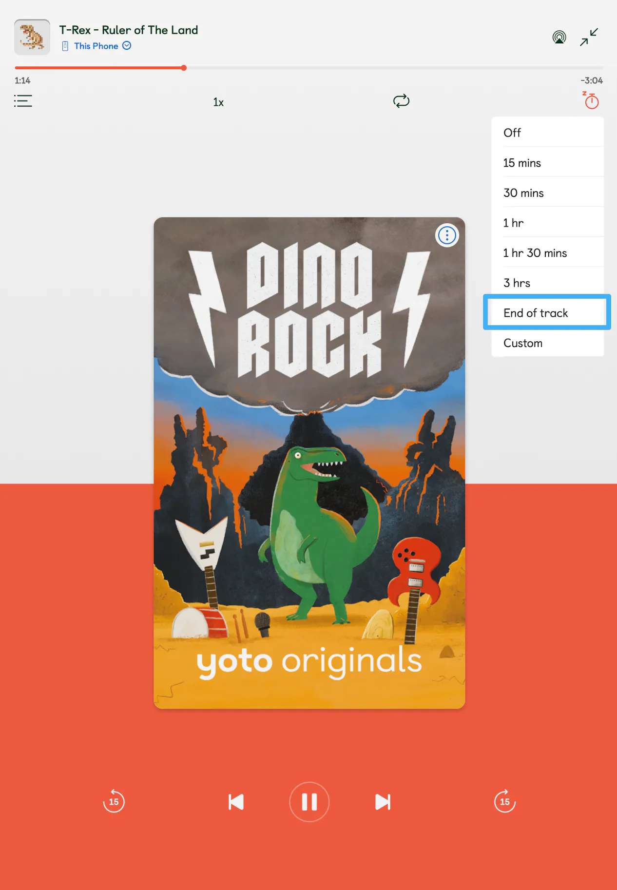 A screenshot of a card playing on a mobile device. The sleep timer menu has been opened to show the new 'End of track' option.